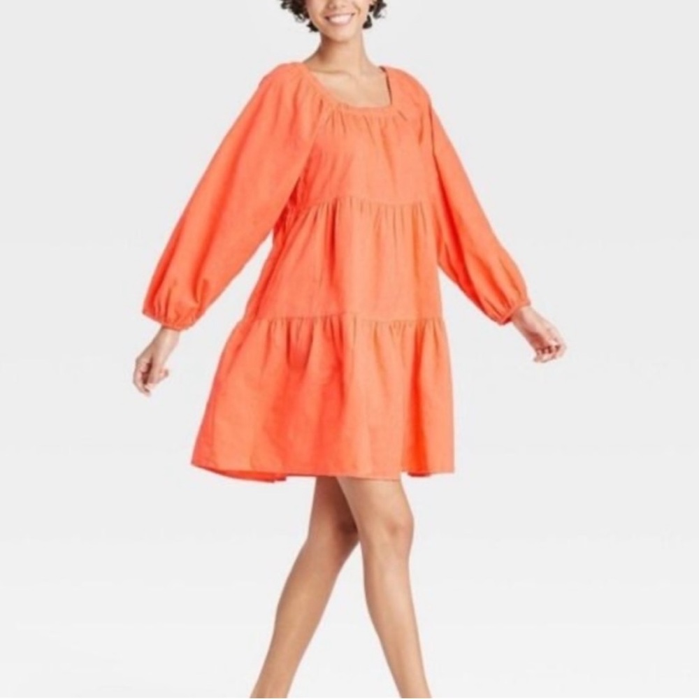 NWT Universal Thread Tiered Boho Dress Long Sleeves Orange Sz S